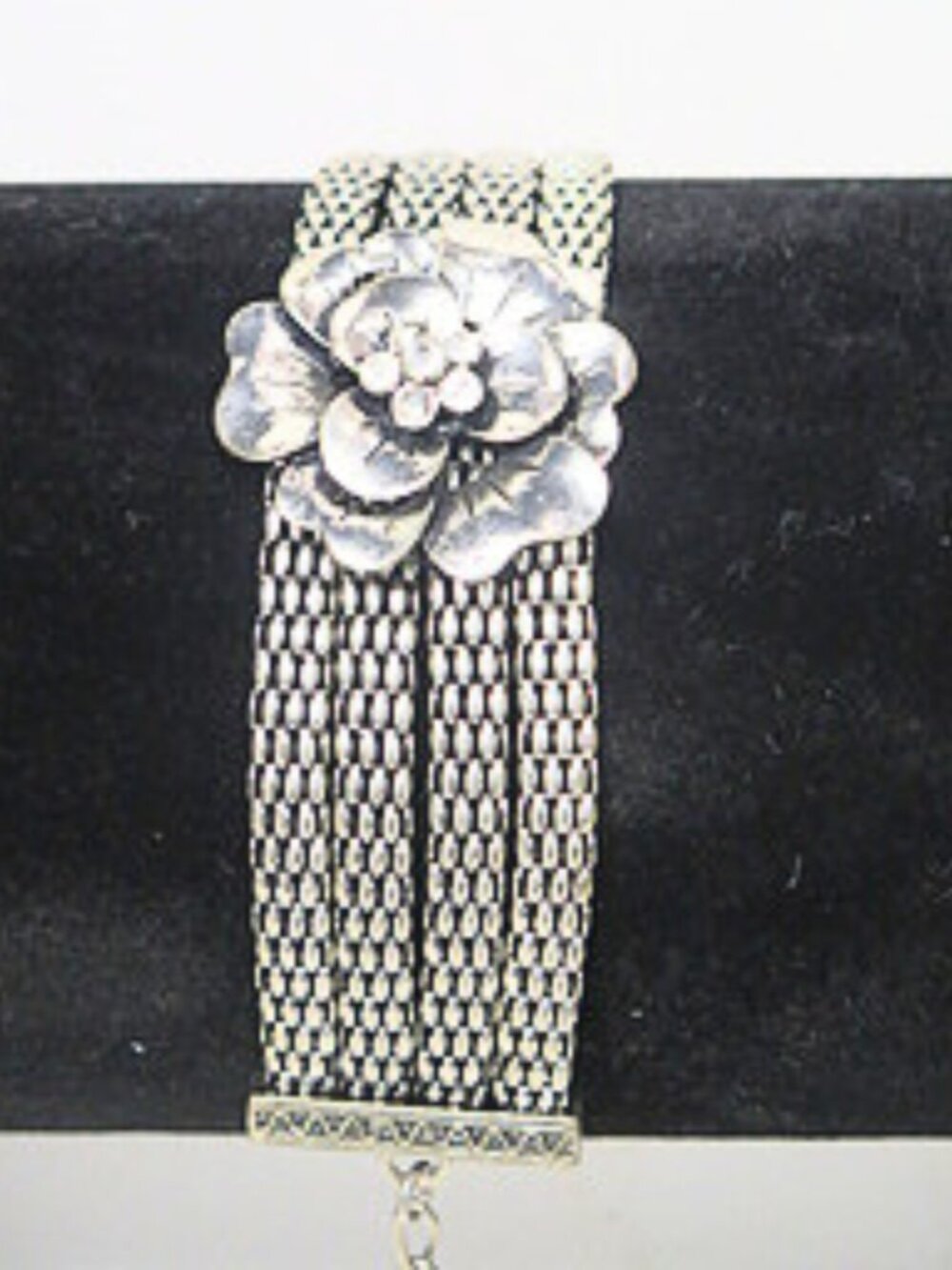 Vintage Silver Tone Floral Mesh Statement Bracelet Rhinestone Adjustable